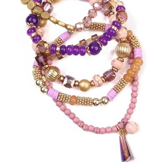 Purple Pink and Goldtone Stacking Bracelets Sparkle Stretchy 5 Pc Gem Ta… - Picture 2 of 12